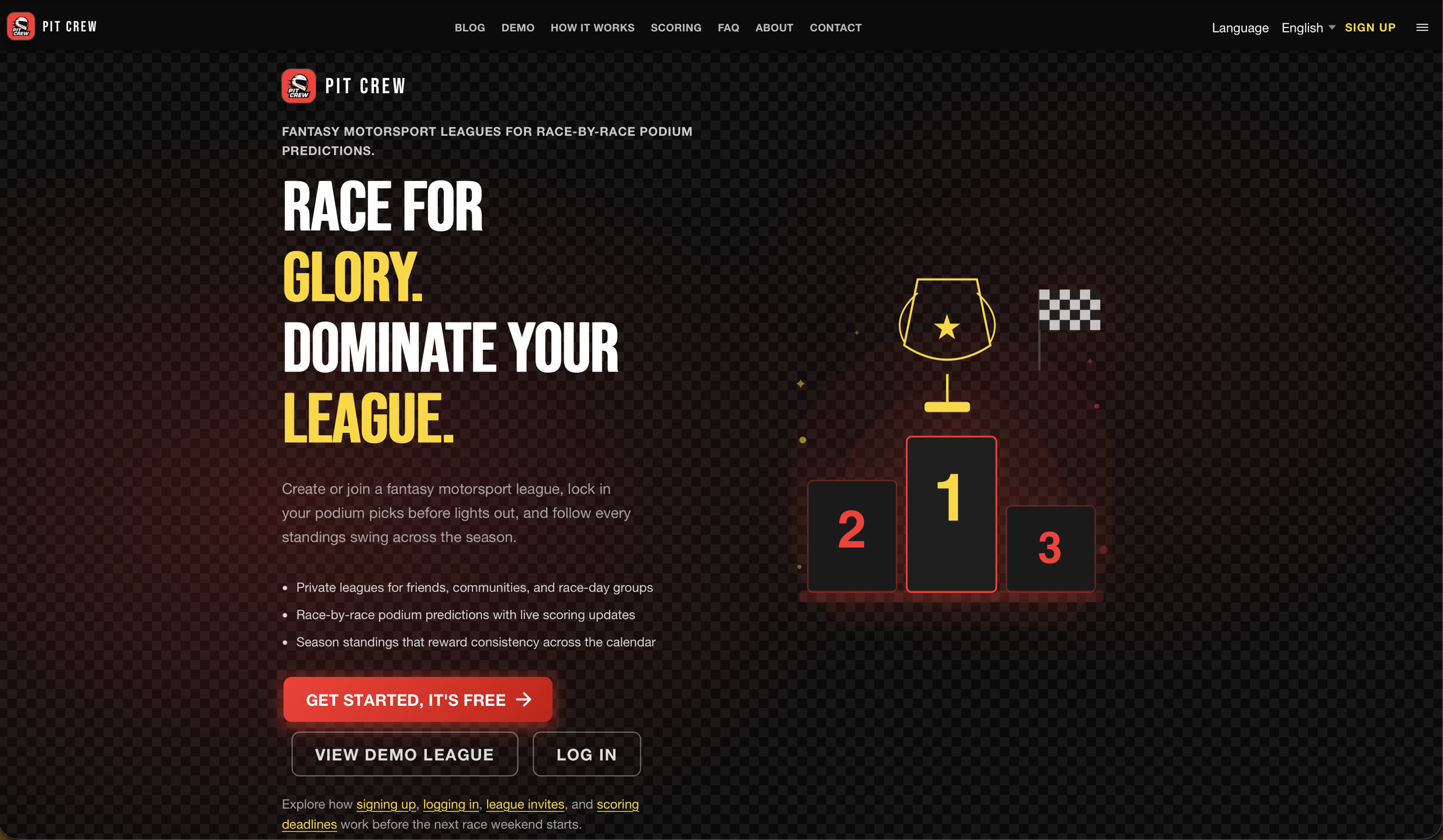 Pit Crew fantasy motorsport league homepage with race standings artwork and navigation.